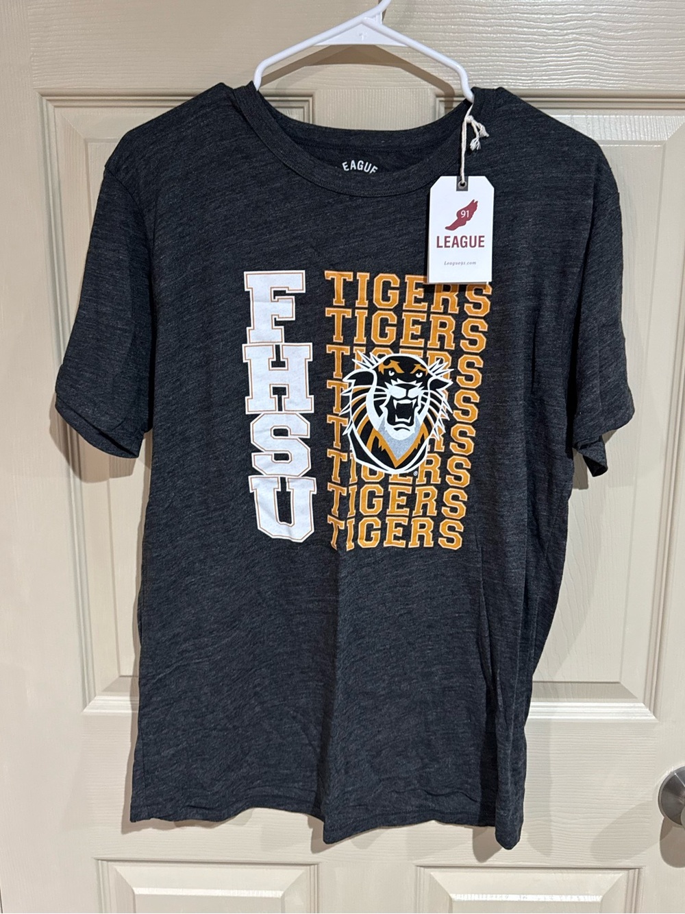 League Charcoal FHSU Tigers Graphic Tee with White and Gold Print